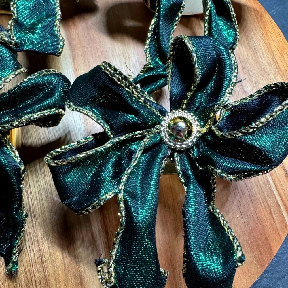 Vintage Green Metallic Bow Napkin Rings Gold Trim Holiday Table Decor Set of 8